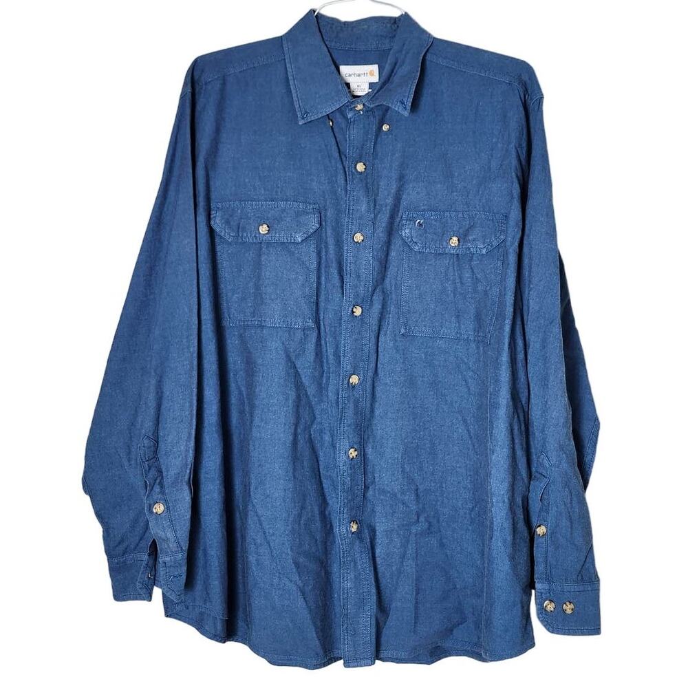 Carhartt Button Down Shirt Mens XL Blue 100% Cotton Work Wear Long Sleeve